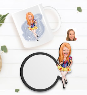 BK Gift Kişiye Özel Kadın Karikatürlü Beyaz Kupa ve Ahşap Bardak Altlığı Hediye Seti