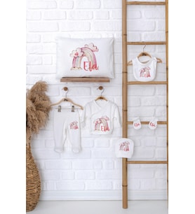 Pia Baby Premium %100 Pamuk İsme Özel Kız Bebek Hediye Seti Zıbın Yastık Kılıfı 5042-06 (Ekru)