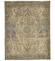 Gri Halı Bej Detaylı Göbekli Klasik Stil Salon Halısı El Dokuma Vintage Eskitme Tasarım