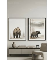 Minimalist Ayı ve Doğa Sanatı 2’li Ahşap Çerçeveli Tablo Seti