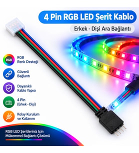 10 Adet RGB Şerit Led Erkek ve Dişi Soketli Ara Bağlantı Kablosu 4 Pin