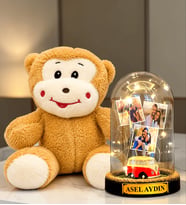 Kişiye Özel 3 Fotoğraflı LED Işıklı Fanus ve Sevimli Peluş Maymun Hediye Seti (vosvoslu)