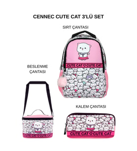 Cennec Cute Cat Okul Çantası Seti – Sırt Çantası + Termal Beslenme Çantası + Kalem Çantası
