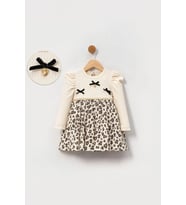 Miniğimin Cicileri Leopar Detaylı Fiyonklu Kız Bebe Elbise - Bej