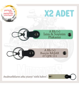 Motorcu Tarzına, İsim Plaka ve A Rh (+) Kan Grubu Yazılı Hediyelik x2 Anahtarlık Set, Yeşil-Pudra-SK