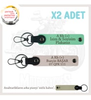Motorcu Tarzına, İsim Plaka ve A Rh (+) Kan Grubu Yazılı Hediyelik x2 Anahtarlık Set, Yeşil-Pudra-SK