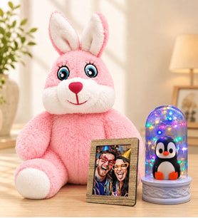 Kişiye Özel Fotoğraflı Renkli LED Işıklı Penguenli Fanus ve Pembe Peluş Tavşan Sevgiliye Kadına Hediye