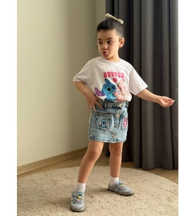 Cg Kids Stitch Kız Çocuk Tshirt & Etek Stitch Nakış İşleme Detaylı Alt Üst Takım