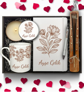 Sevgililer Günü Temalı Kişiye Özel Beyaz Defter & Beyaz Kupa & Metal Mum & Kalem & Çubuk Tütsü Hediye Seti