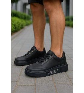 Günlük Erkek Spor Ayakkabı Bağcıklı Dikiş Detaylı Hafif Kalın Yüksek Taban Sneaker MC06 (Siyah)