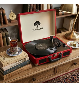 Hanami HEM SARJLI HEM BLUETOOTH'LU TÜM PLAKLARI ÇALAN PİKAP (Kırmızı)
