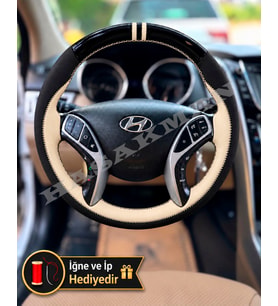 Hyundai Elantra Dikme Direksiyon Kılıfı Parlak Siyah Bej Detaylı Bej Çift Yüzük ve Dikiş 2011-2016
