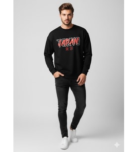 Erkek Siyah Tokyo Japan Baskılı Bisiklet Yaka Sweatshirt (K.Siyah)