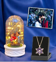 Kişiye Özel Fotoğraflı Hediye Seti  Led Işıklı Fanus ve Gerçek Ametist Taşlı Lotus Kolye (Model 7)