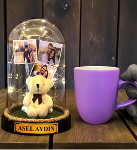 Size Özel Tasarım Led Işıklı Fanus ve Mor Kupa Bardak Hediye Seti (Model 1)