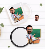 BK Gift Kişiye Özel Erkek Öğretmen Karikatürlü Beyaz Kupa ve Ahşap Bardak Altlığı Hediye Seti-1