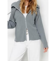 Kadın Modern Tarz Oversize Dik Yaka Regular Triko Hırka (Gri)