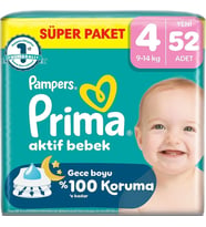 Prima Aktif Bebek Bebek Bezi 4 Beden 9-14 KG Maxi 52 Adet Süper Pk
