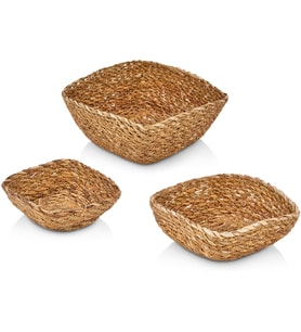 3'lü El Yapımı Hasır Kare Dekoratif Çerezlik Meyvelik, Dekoratif Amaçlı Mini Hasır Sepetler (16cm*16cm*7cm-14cm*14cm*6cm-12cm*12cm*5cm)