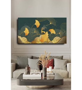 Dekoratif Soyut Altın Geyikli Altın Yaprak Sürreal Kanvas Duvar Tablosu 120x60cm