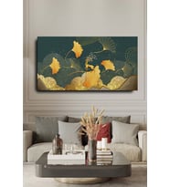 Dekoratif Soyut Altın Geyikli Altın Yaprak Sürreal Kanvas Duvar Tablosu 120x60cm