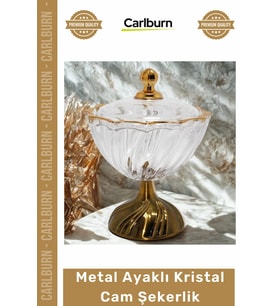 Özel Üretim Lüks Dekoratif Şık Lokumluk Metal Ayaklı Kristal Cam Şekerlik Gold Detaylı Sunumluk