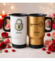 BK Gift Kişiye Özel Sevgili Çift Tasarımlı 2’li Kulplu Beyaz&Gold Çelik Termos Mug 450 ml -7, Sevgiliye Hediye, Sevgililer Günü Hediyesi