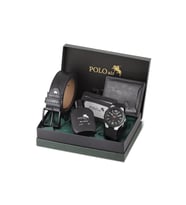 Polo Air Erkek Kol Saati Kemer Cüzdan Kartlık Parfüm Hediyelik Kutusunda Gümüş Siyah Set PL-7048E1