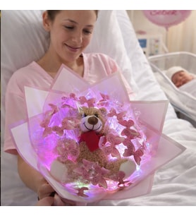 LEDLİ AYICIK & KELEBEK BUKETİ (Pembe-Kahve)