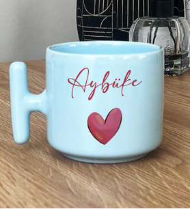 Kalp ve İsim Yazılı Hediye Pastel T Kupa Sevgiliye Sevgililer Günü Hediyesi (Mavi)