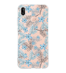PrintiFy Huawei P20 Lite Uyumlu Kamera Korumalı Floral Mavi Tasarımlı Şeffaf Silikon Kılıf