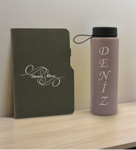 BK Gift Kişiye Özel İsimli Mat Gri Termo Deri Defter ve Cam Matara Hediye Seti-3, Sevgiliye Hediye, Arkadaşa Hediye, Yeni İş Hediyesi