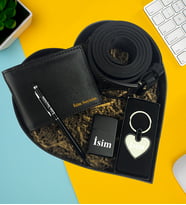Kişiye Özel Premium Kalp Kutu Cüzdan Kemer Metal Lüx Kalp Anahtarlık Zippo Metal Çakmak Touch Pen Metal Kalem Hediye Set