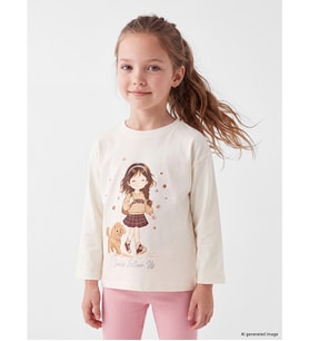 LCW Kids Ekru Bisiklet Yaka Baskılı Kız Çocuk Tişört