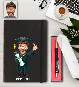 Kişiye Özel Erkek Mezuniyet Karikatürlü Defter ve Kalem