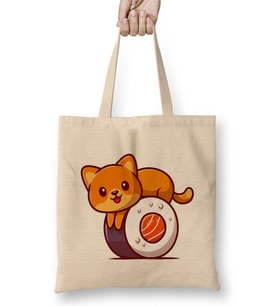 Cute Cat On Sushi Salmon Cartoon 01 Bez Çanta Uzun Saplı