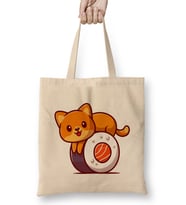 Cute Cat On Sushi Salmon Cartoon 01 Bez Çanta Uzun Saplı