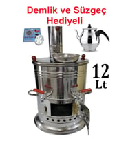 12 Litre Paslanmaz Metal Odunlu Kömürlü Çay Semaveri Büyük Çift Musluklu DEMLİK HEDİYELİ Semaver 12