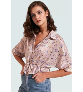 Kadın Pudra Çiçekli Saten Bluz Düğmeli Crop Kalıp Günlük Zarifane Tasarım Seçkin Malzeme