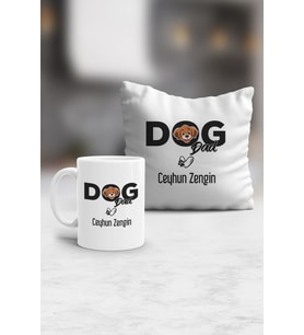 Kişiye Özel Dog Dad Kupa ve Yastık Hediye Seti Köpek Babası (Beyaz)