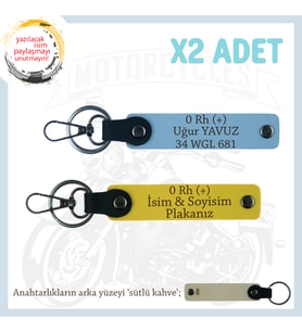 Hız Severlere Çok Özel Hediyeler, İsim Plaka ve 0 Rh (+) Kan Grubu Deri x2 Anahtarlık, Sarı-Mavi-SK
