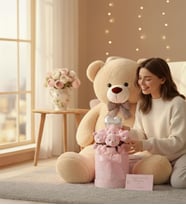 Premium 90 cm Peluş Ayı ve Silindir Pembe Kalpli Kutuda, Kalpli Balonlu 6’lı Pembe Ayıcık Buketi (Bej)