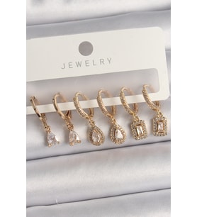 Pirinç Gold Renk Sallantı Zirkon Taşı Damla Model Kadın Küpe Seti (Çok Renkli)