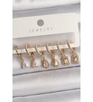 Pirinç Gold Renk Sallantı Zirkon Taşı Damla Model Kadın Küpe Seti (Çok Renkli)