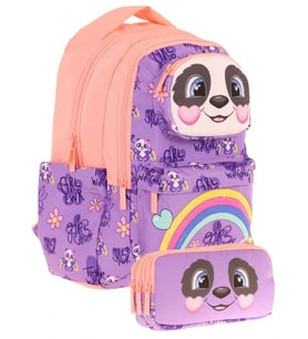 Kaukko Kids Toys Kız Çocuk Mor Somon 3D Panda Şekilli İlkokul Çantası ve Kalemlik Seti (L5233+L8233)