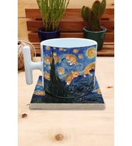 Kediler ve Sanat/Van Gogh Set 9 - Yıldızlı Gece(Starry Night) T Kulplu Fincan Kupa-Taş Bardak Altlığı 9