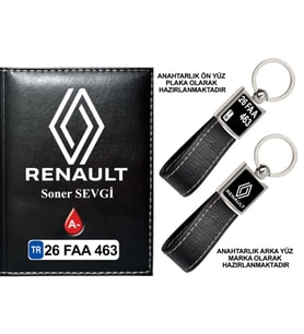 Plakanıza Özel Yeni Renault Logolu Siyah Ruhsat Kabı ve Anahtarlık