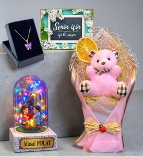 Size Özel Premium Hediye Seti Renkli Led Işıklı Fanuslu Buketli Kolyeli (Model 1)