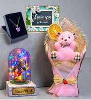 Size Özel Premium Hediye Seti Renkli Led Işıklı Fanuslu Buketli Kolyeli (Model 1)