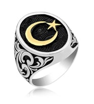 Gümüş Yanları Desenli Ay Yıldız Erkek Yüzük (Çok Renkli)